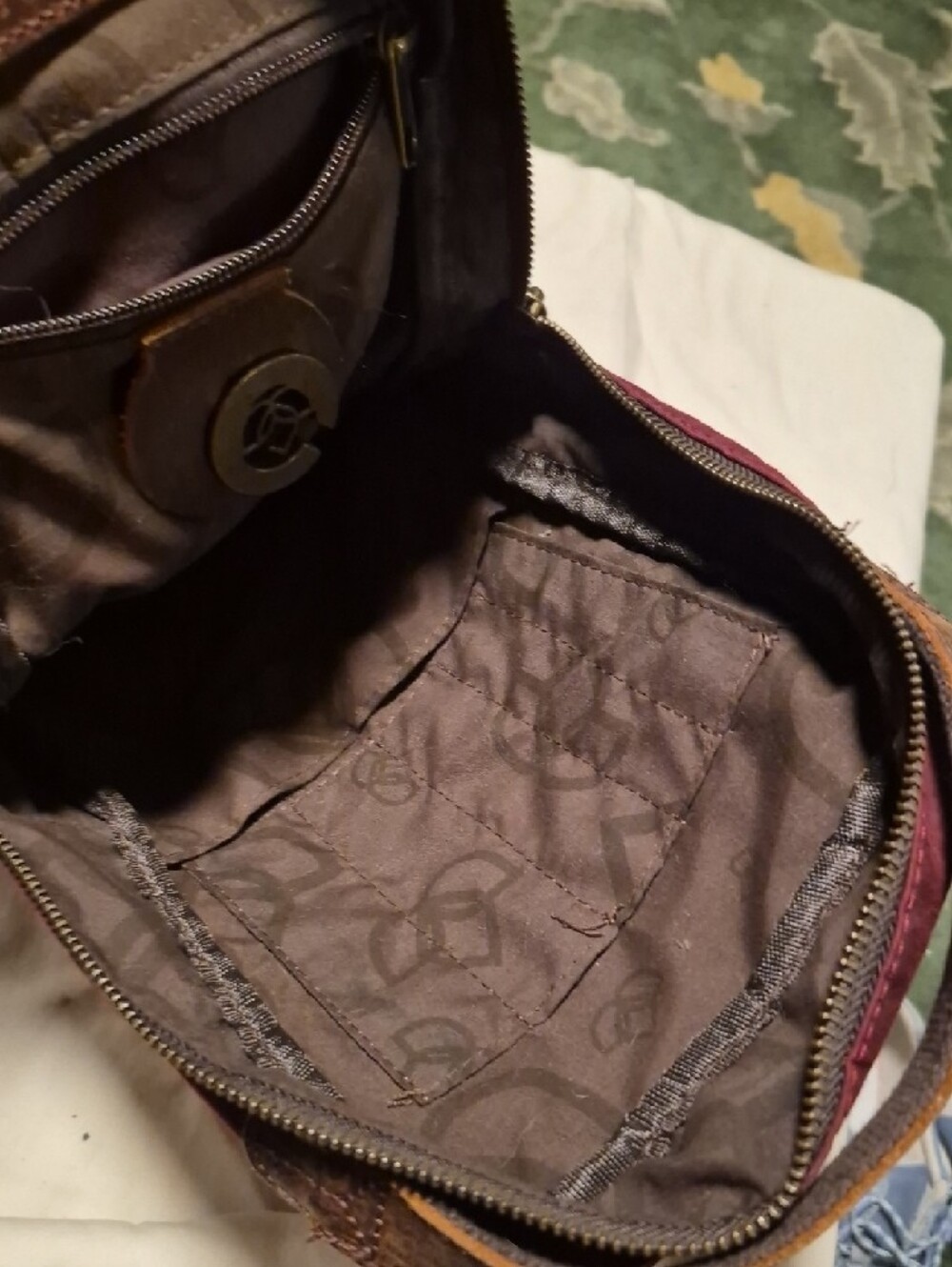 Burgundy Canvas Sling Bag with Brown Leather Trim - Picture 6 of 8